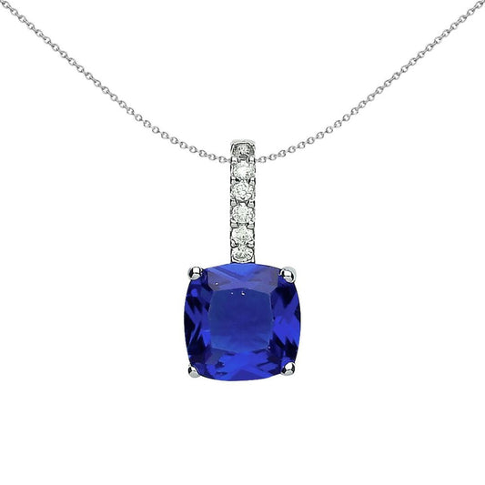 Sterling Silver  Blue Cushion CZ Lollipop Drop Pendant Necklace - GVP345