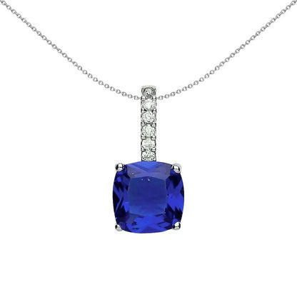 Silver  Blue Cushion CZ Drop Pendant Necklace - GVP345