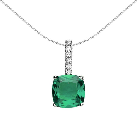Silver  Green Cushion CZ Drop Pendant Necklace - GVP346