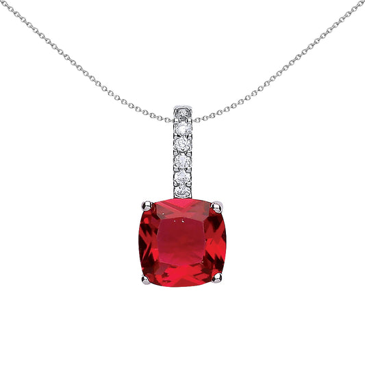 Silver  Red Cushion CZ Drop Pendant Necklace 18 inch - GVP347
