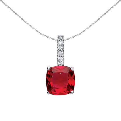 Silver  Red Cushion CZ Drop Pendant Necklace 18 inch - GVP347