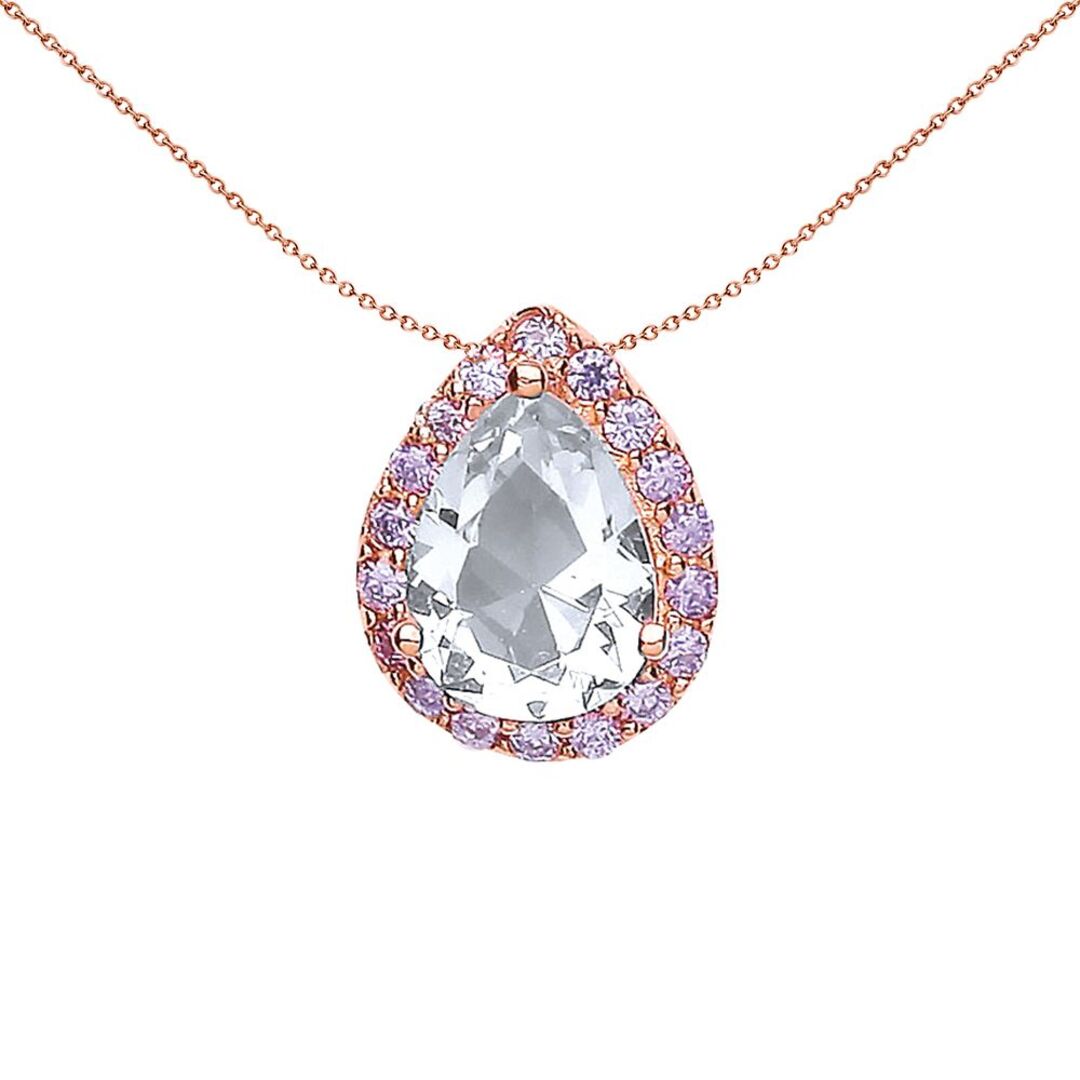 Rose Silver  Lilac Pear CZ Halo Pendant Necklace - GVP348