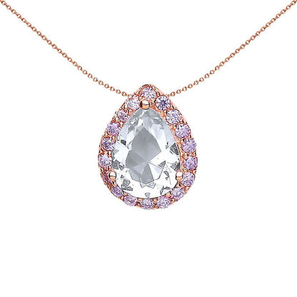 Rose Silver  Lilac Pear CZ Halo Pendant Necklace - GVP348