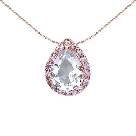 Rose Silver  Lilac Pear CZ Halo Pendant Necklace - GVP348