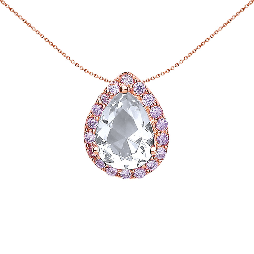 Rose Silver  Lilac Pear CZ Halo Pendant Necklace 18 inch - GVP348