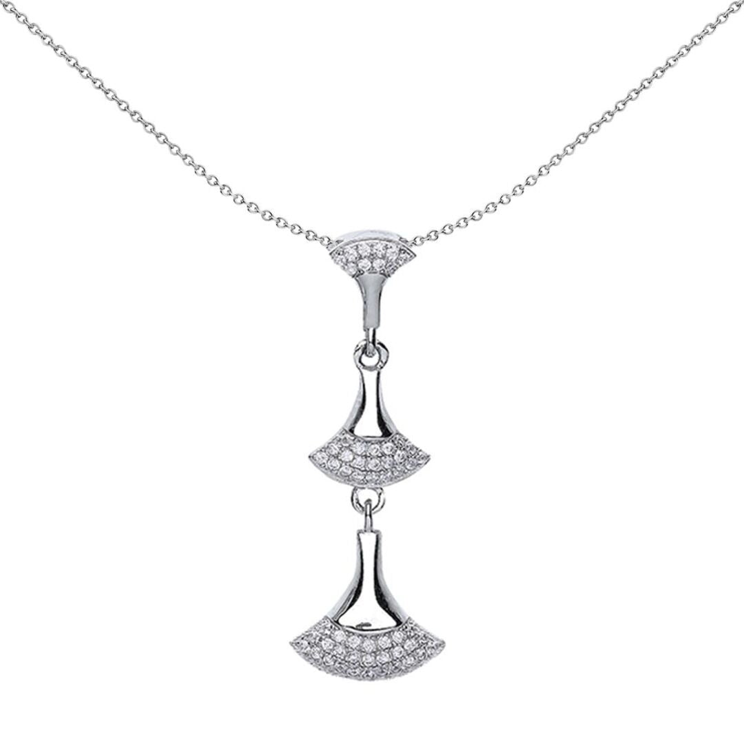 Silver  CZ Pave Fans Drop Charm Necklace - GVP356