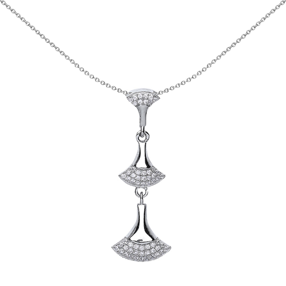 Silver  CZ Pave Fans Drop Charm Necklace 18 inch - GVP356