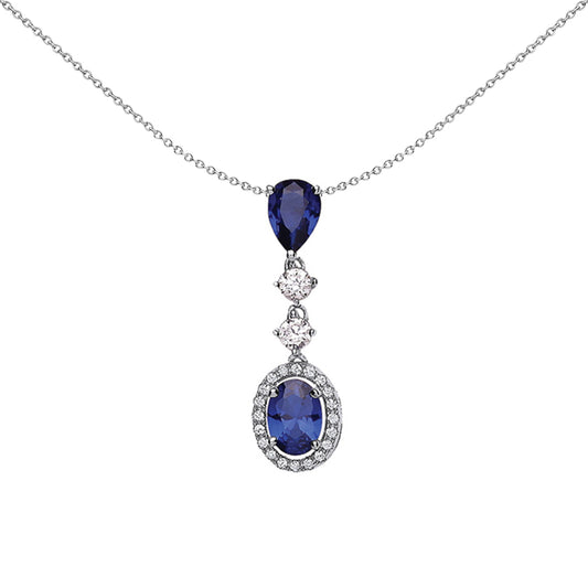 Silver  Blue Oval Pear CZ Halo Tears of Joy Pendant Necklace - GVP357