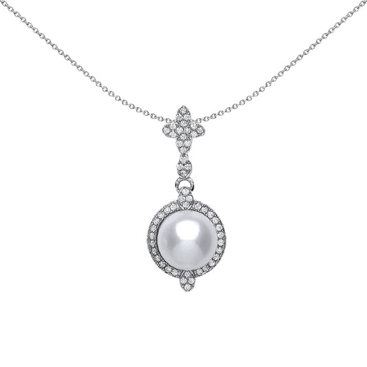 Silver  CZ Simulated Pearl Halo Charm Necklace 9mm 18 inch - GVP361