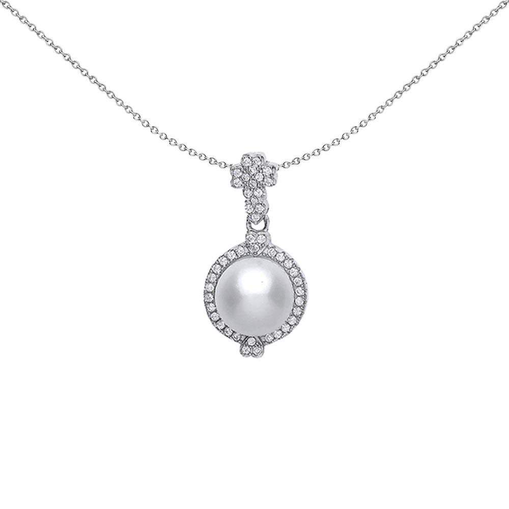 Silver  CZ Simulated Pearl Halo Charm Necklace 9mm 18 inch - GVP362