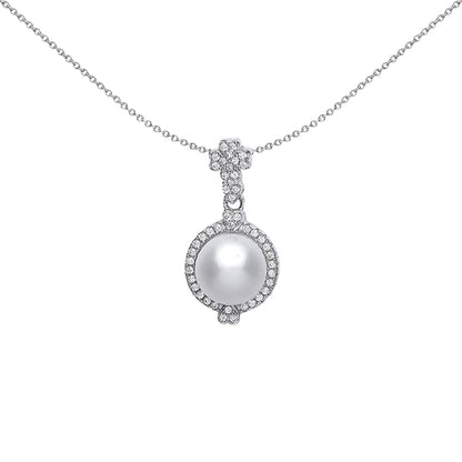 Silver  CZ Simulated Pearl Halo Charm Necklace 9mm 18 inch - GVP362