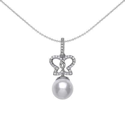 Silver  CZ Pearl Butterfly Charm Necklace 9mm 18 inch - GVP363