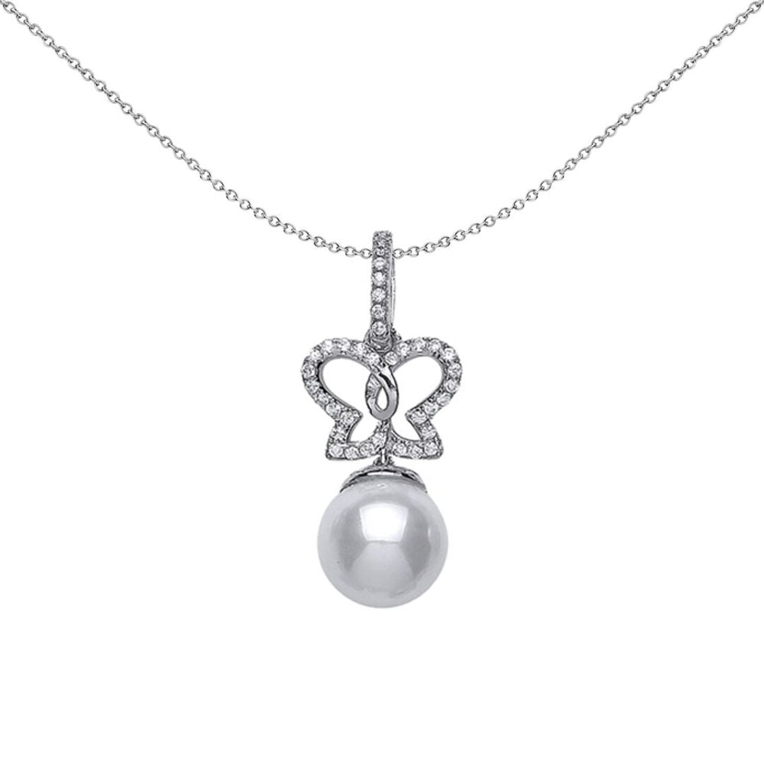 Silver  CZ Pearl Butterfly Charm Necklace 9mm - GVP363