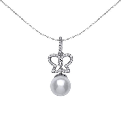 Silver  CZ Pearl Butterfly Charm Necklace 9mm - GVP363