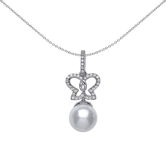 Silver  CZ Pearl Butterfly Charm Necklace 9mm - GVP363