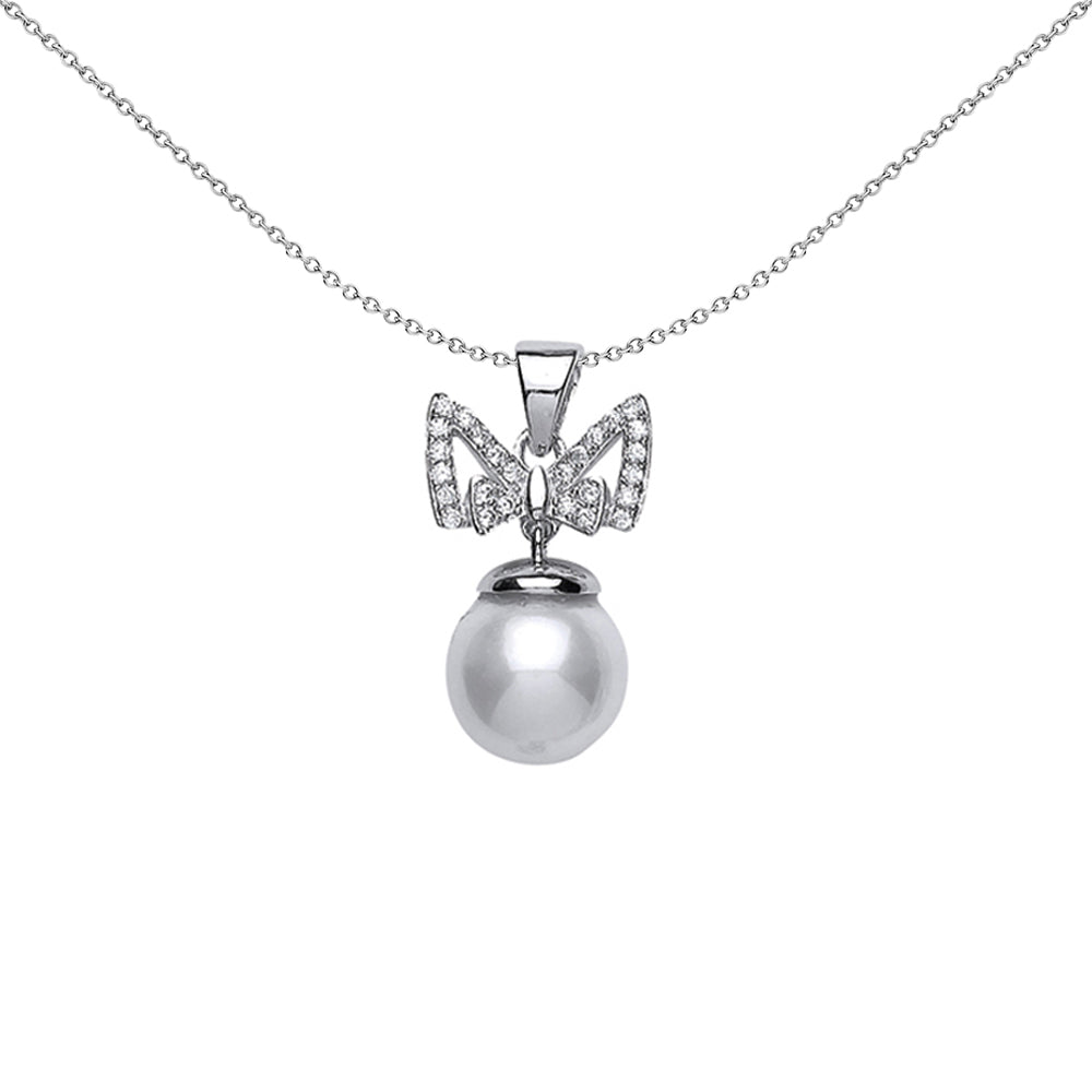 Silver  CZ Pearl Bow Charm Necklace 9mm 18 inch - GVP364