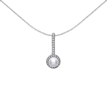 Silver  CZ Pearl Halo Drop Charm Necklace 5mm 18 inch - GVP365