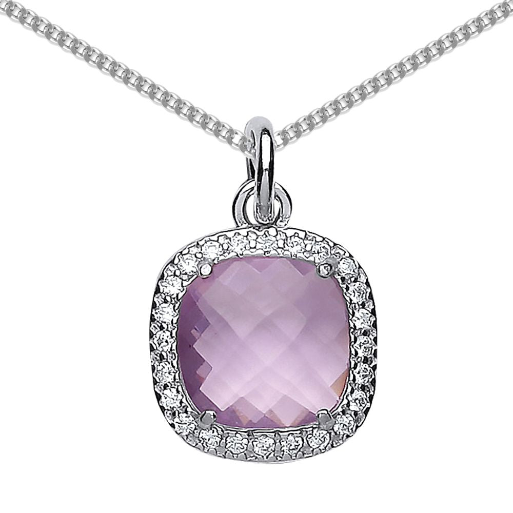 Silver  Lilac and White Cushion and CZ Halo Necklace 18 inch - GVP376