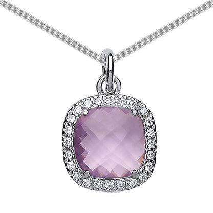 Silver  Lilac and White Cushion and CZ Halo Necklace 18 inch - GVP376