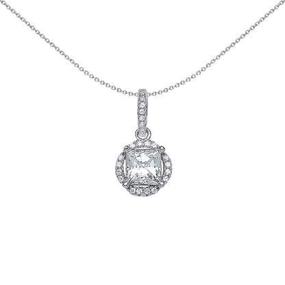 Silver  Princess Cut CZ Halo Pendant Necklace 18 inch - GVP382