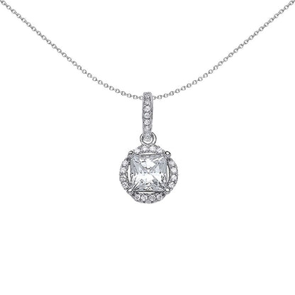 Silver  Princess Cut CZ Halo Pendant Necklace - GVP382