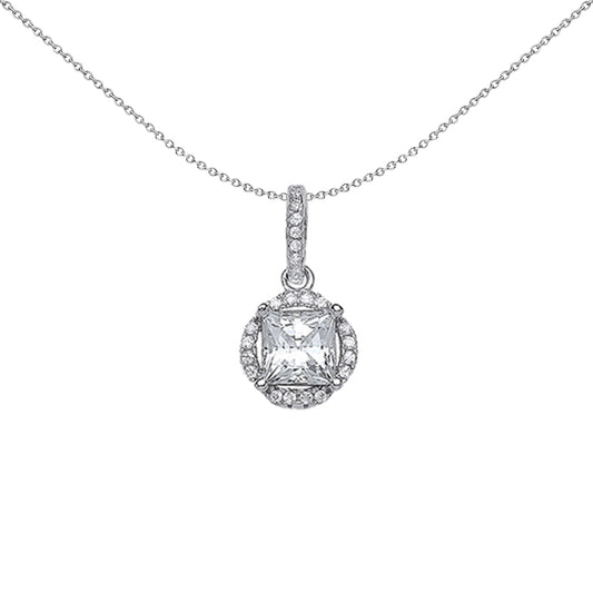 Silver  Princess Cut CZ Halo Pendant Necklace 18 inch - GVP382