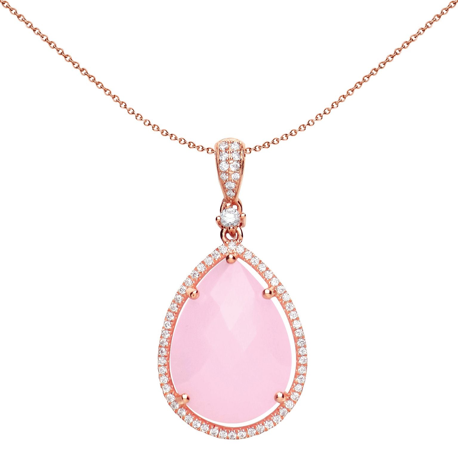 Rose Silver  Pink Pear Quartz CZ Teardrop Halo Necklace 18 inch - GVP386LG