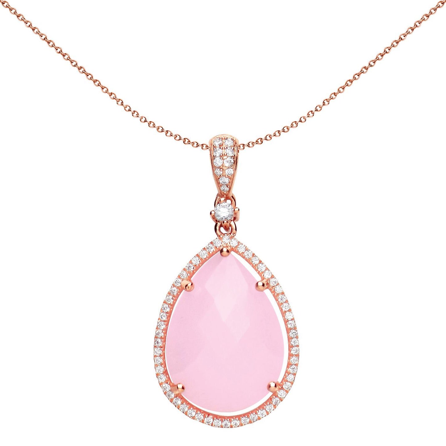 Rose Silver  Pink Pear Quartz CZ Teardrop Halo Necklace - GVP386LG