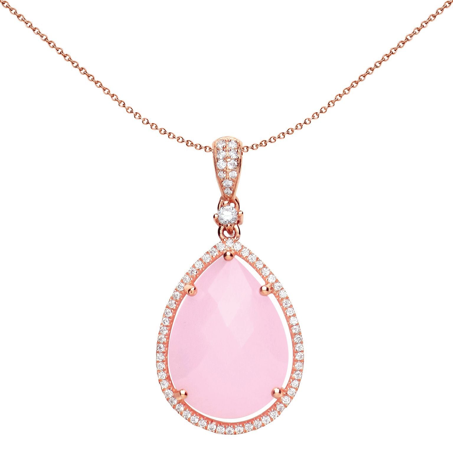 Rose Silver  Pink Pear Quartz CZ Teardrop Halo Necklace - GVP386LG