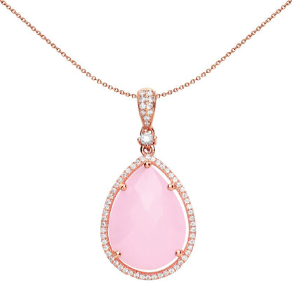 Rose Silver  Pink Pear Quartz CZ Teardrop Halo Necklace - GVP386LG