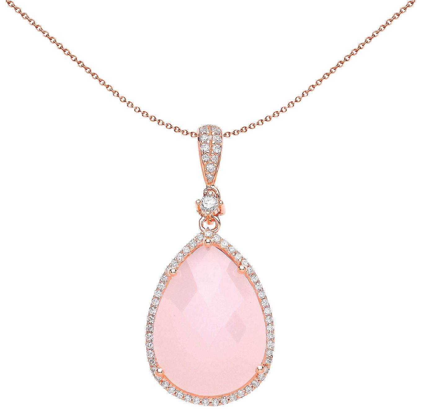 Rose Silver  Pink Pear Quartz CZ Tear of Joy Necklace - GVP386