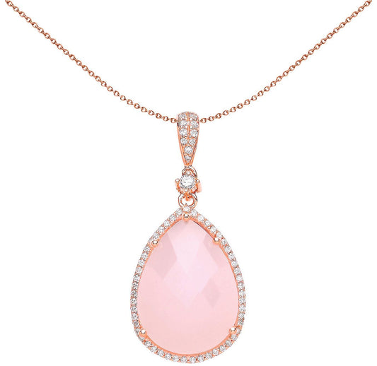 Rose Silver  Pink Pear Quartz CZ Tear of Joy Necklace - GVP386