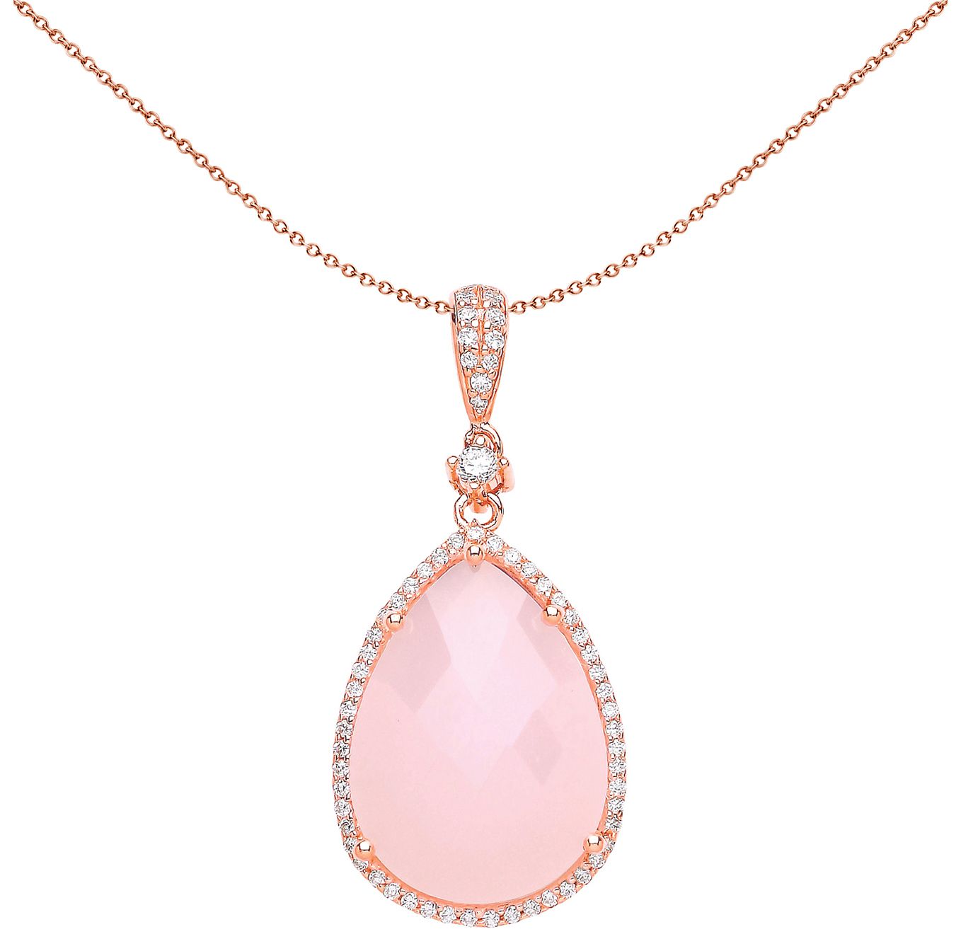 Rose Silver  Pink Pear Quartz CZ Tear of Joy Necklace 18 inch - GVP386