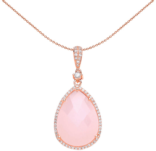 Rose Silver  Pink Pear Quartz CZ Tear of Joy Necklace 18 inch - GVP386