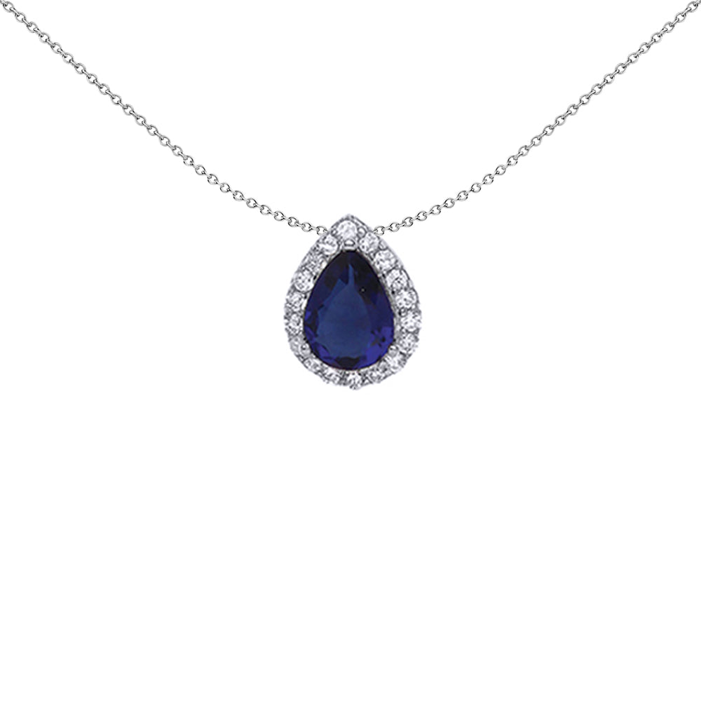 Silver  Blue Pear CZ Halo Tears of Joy Pendant Necklace 18 inch - GVP387