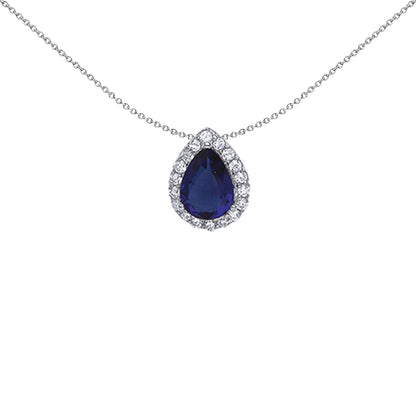 Silver  Blue Pear CZ Halo Tears of Joy Pendant Necklace 18 inch - GVP387