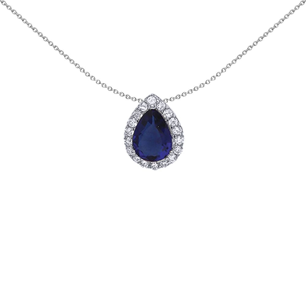 Silver  Blue Pear CZ Halo Tears of Joy Pendant Necklace 18 inch - GVP387