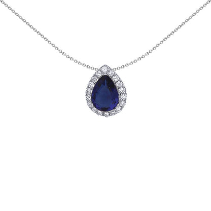 Silver  Blue Pear CZ Halo Tears of Joy Pendant Necklace 18 inch - GVP387