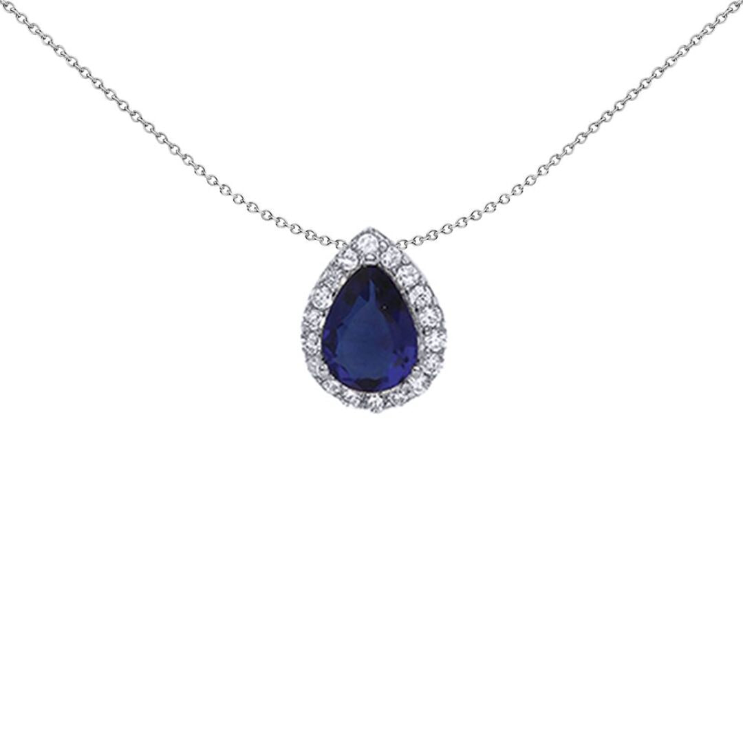Silver  Blue Pear CZ Halo Tears of Joy Pendant Necklace - GVP387