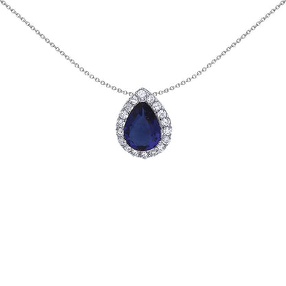 Silver  Blue Pear CZ Halo Tears of Joy Pendant Necklace - GVP387