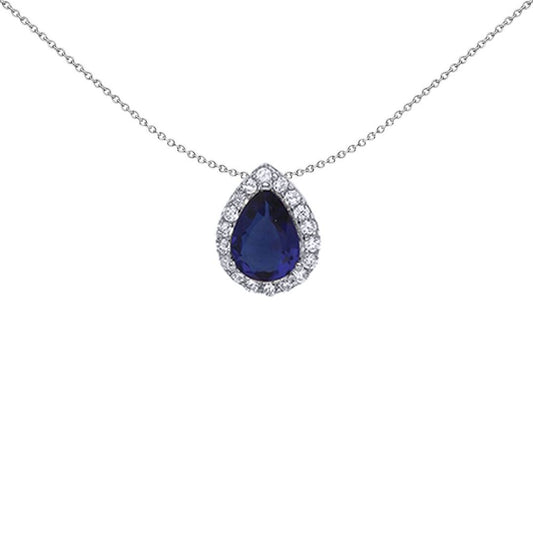 Silver  Blue Pear CZ Halo Tears of Joy Pendant Necklace - GVP387