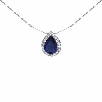 Silver  Blue Pear CZ Halo Tears of Joy Pendant Necklace 18 inch - GVP387