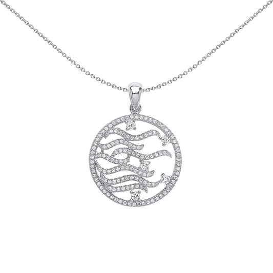 Silver  CZ Halo Waves Charm Necklace 18 inch - GVP388