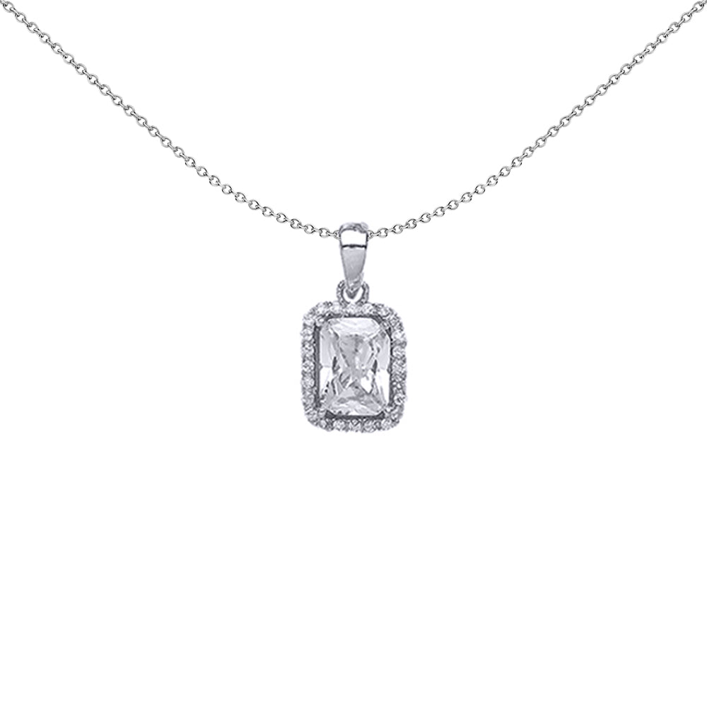 Silver  Emerald Cut CZ Halo Charm Necklace 18 inch - GVP389