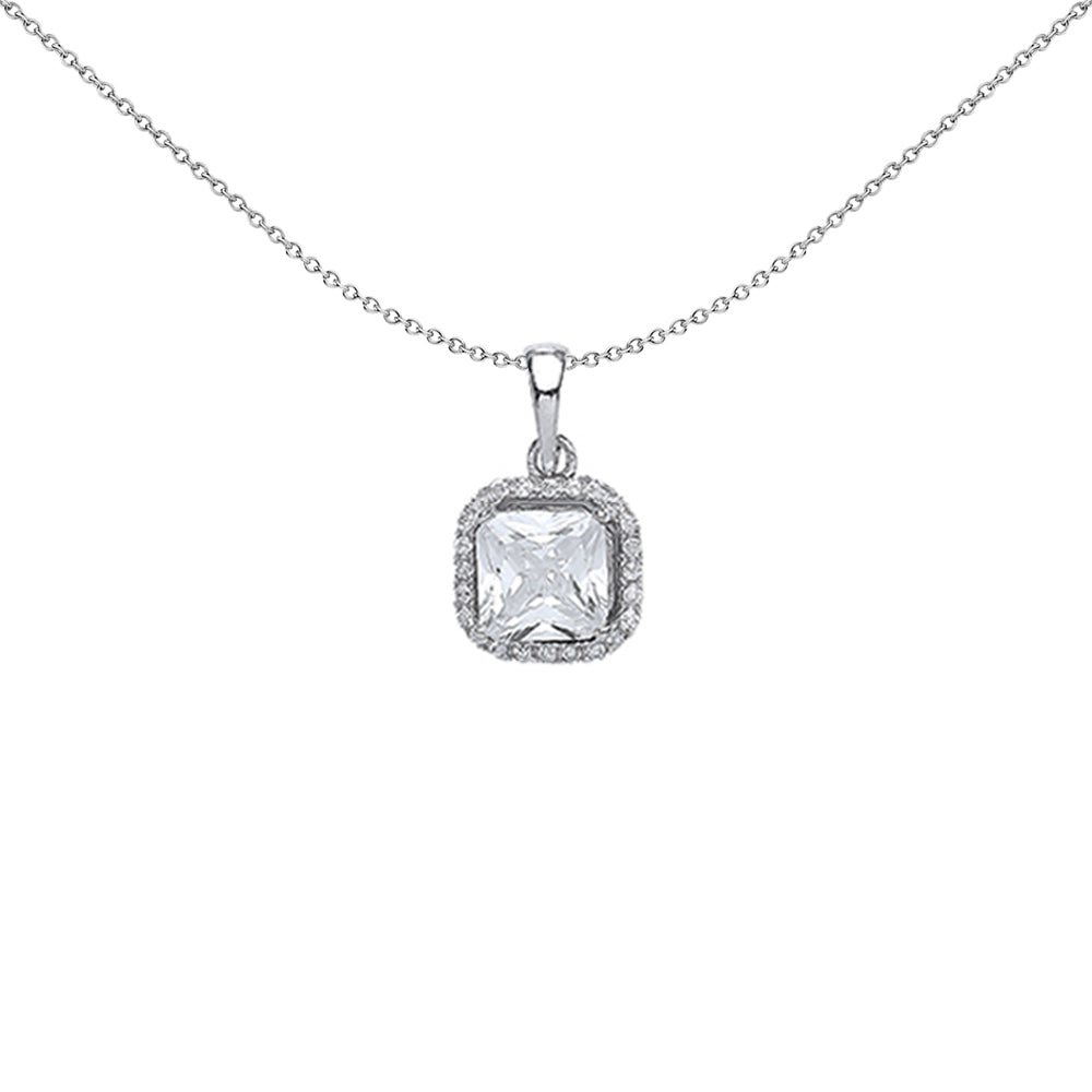 Silver  Princess Cut CZ Halo Charm Necklace 18 inch - GVP390