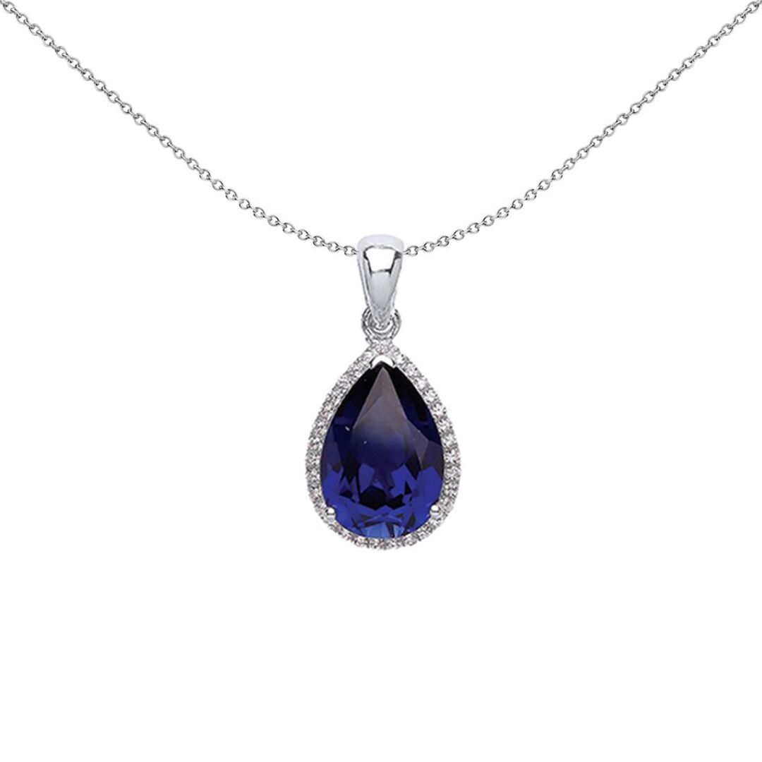 Silver  Blue Pear CZ Halo Tears of Joy Pendant Necklace - GVP392