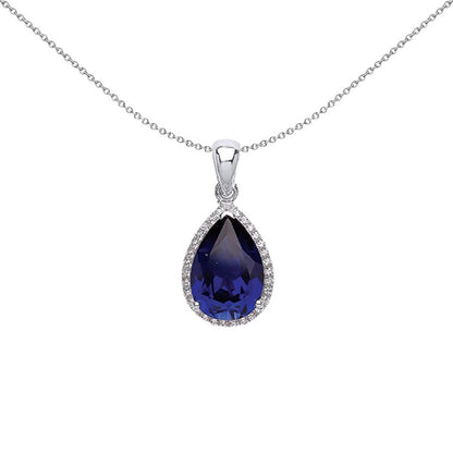 Silver  Blue Pear CZ Halo Tears of Joy Pendant Necklace - GVP392