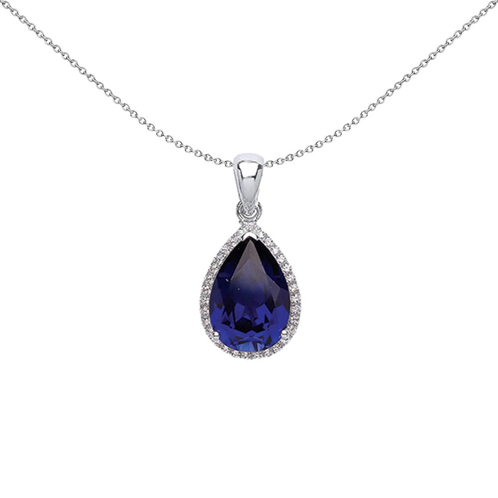 Silver  Blue Pear CZ Halo Tears of Joy Pendant Necklace 18 inch - GVP392