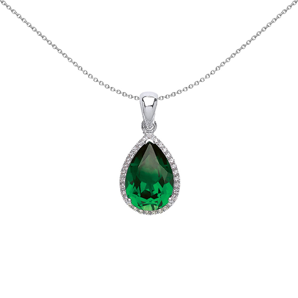Silver  Green Pear CZ Halo Tears of Joy Pendant Necklace 18 inch - GVP393
