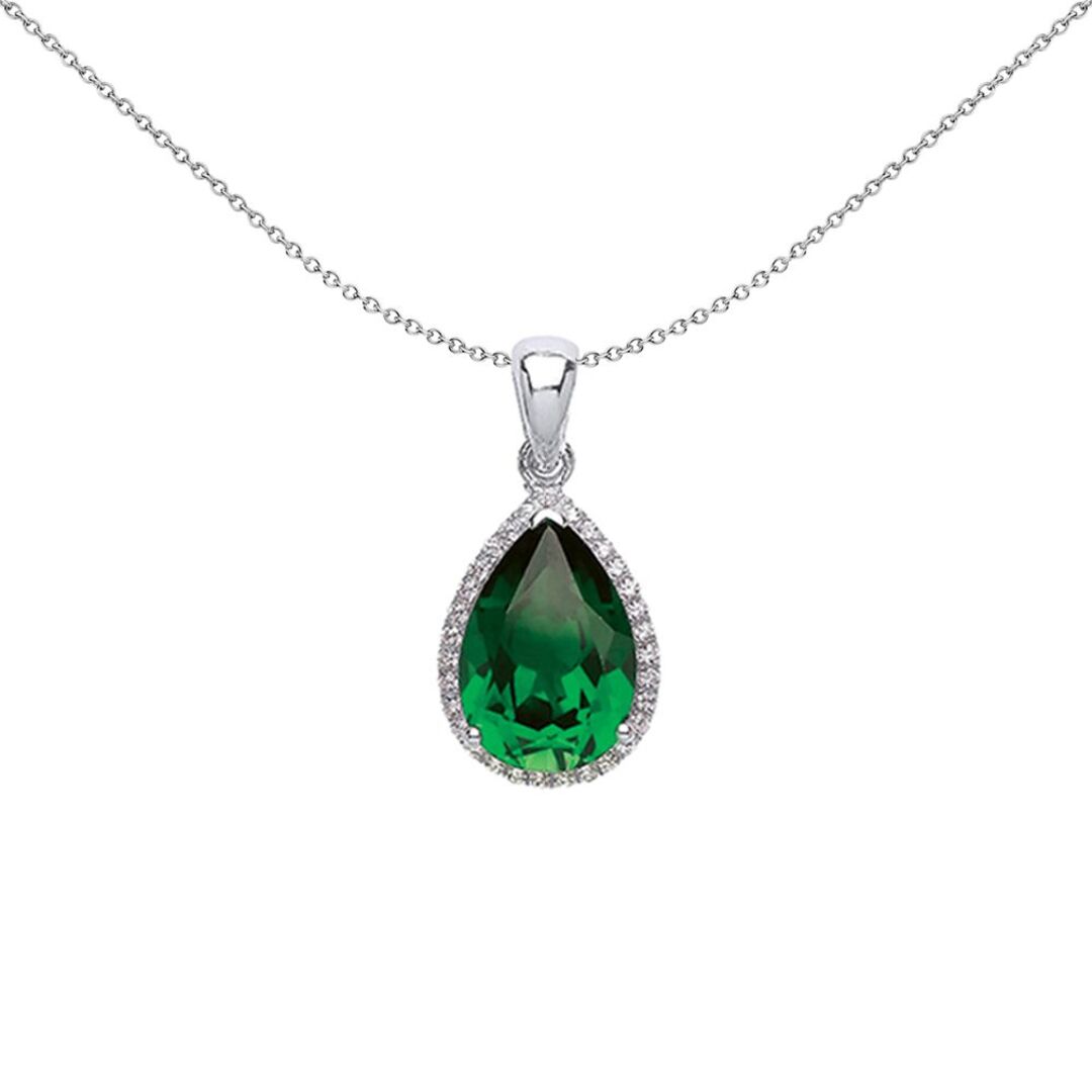 Silver  Green Pear CZ Halo Tears of Joy Pendant Necklace - GVP393
